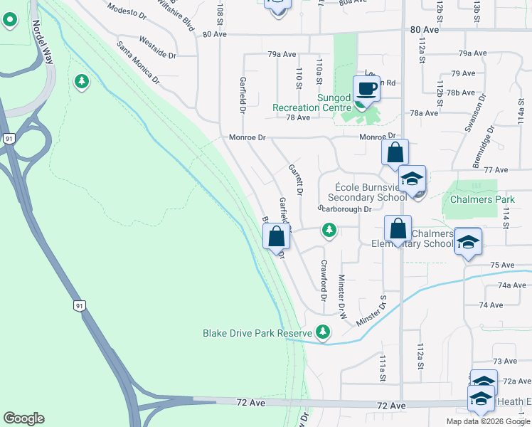 map of restaurants, bars, coffee shops, grocery stores, and more near 7600 Barrymore Drive in Delta