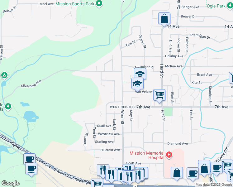 map of restaurants, bars, coffee shops, grocery stores, and more near 7668 Woodcock Crescent in Mission