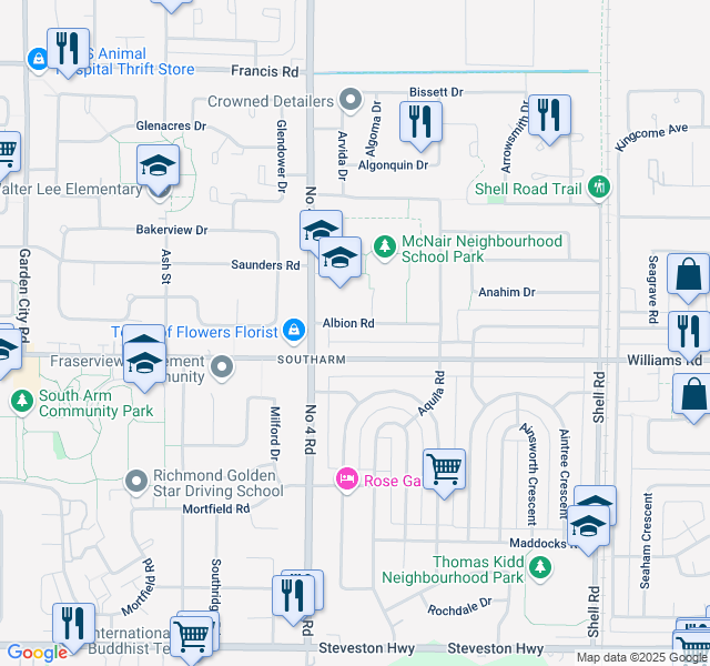 map of restaurants, bars, coffee shops, grocery stores, and more near 10120 Albion Road in Richmond