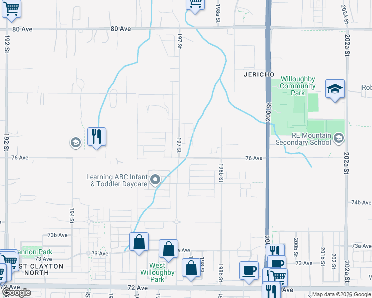 map of restaurants, bars, coffee shops, grocery stores, and more near 7640 197 Street in Langley