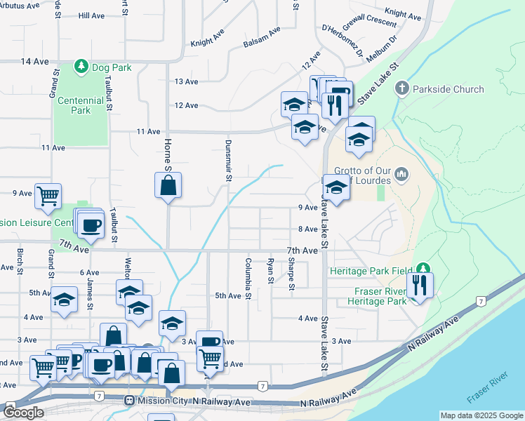 map of restaurants, bars, coffee shops, grocery stores, and more near 33520 9 Avenue in Mission