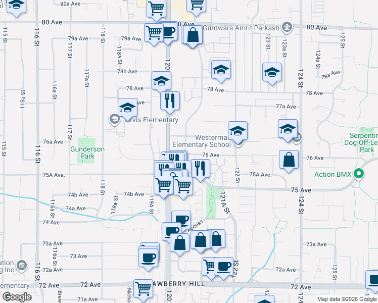 map of restaurants, bars, coffee shops, grocery stores, and more near 7615 120A Street in Surrey