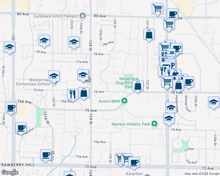 map of restaurants, bars, coffee shops, grocery stores, and more near 7614 125 Street in Surrey