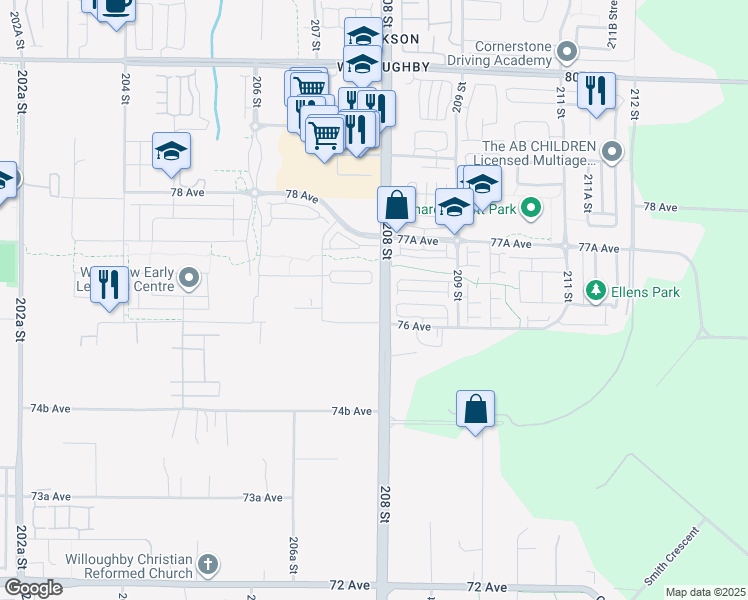 map of restaurants, bars, coffee shops, grocery stores, and more near 20763 76 Avenue in Langley Township