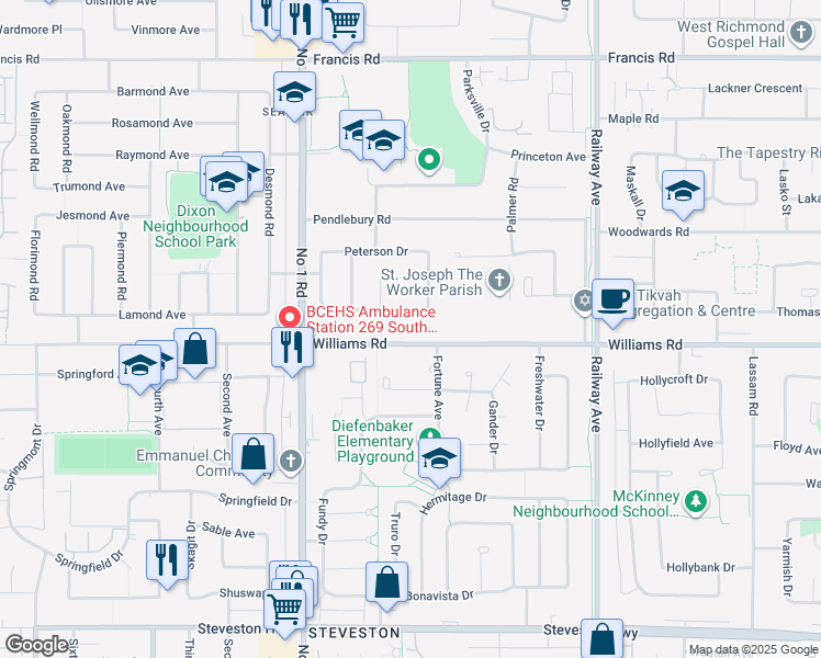 map of restaurants, bars, coffee shops, grocery stores, and more near 4191 Williams Road in Richmond