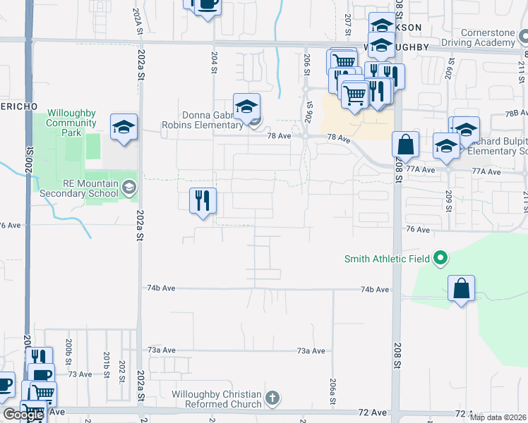 map of restaurants, bars, coffee shops, grocery stores, and more near 20516 76A Avenue in Langley Township