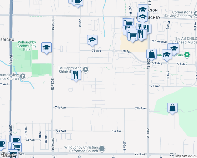 map of restaurants, bars, coffee shops, grocery stores, and more near 20516 76A Avenue in Langley Township