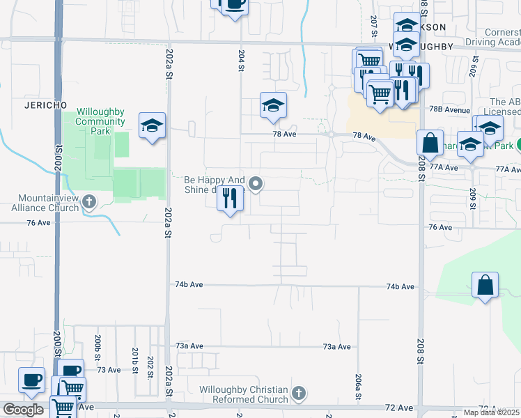 map of restaurants, bars, coffee shops, grocery stores, and more near 20434 76A Avenue in Langley Township