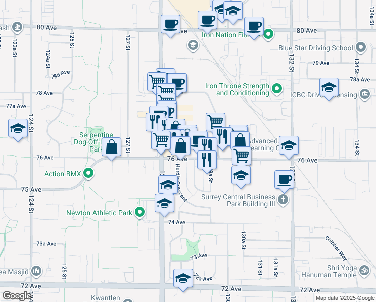 map of restaurants, bars, coffee shops, grocery stores, and more near 12877 76 Avenue in Surrey