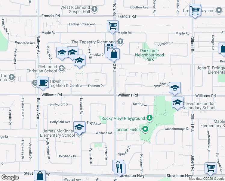 map of restaurants, bars, coffee shops, grocery stores, and more near 9733 Number 2 Road in Richmond