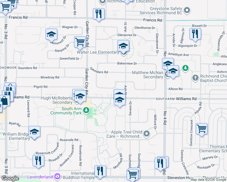 map of restaurants, bars, coffee shops, grocery stores, and more near 9351 Pinewell Crescent in Richmond