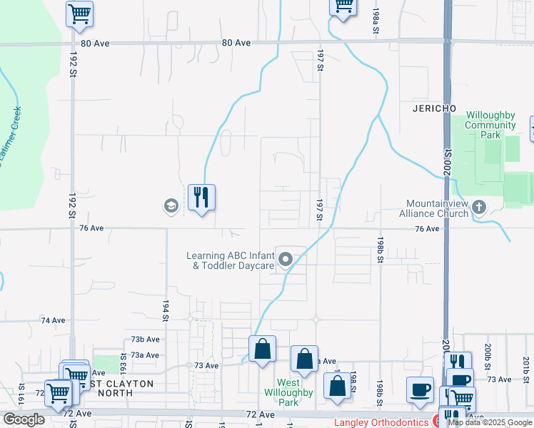 map of restaurants, bars, coffee shops, grocery stores, and more near 7626 196 Street in Surrey