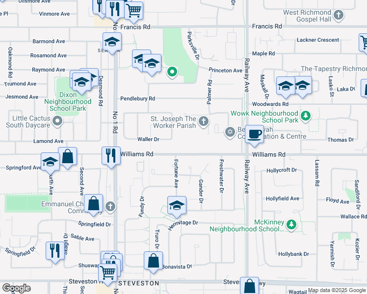 map of restaurants, bars, coffee shops, grocery stores, and more near 4411 Williams Road in Richmond