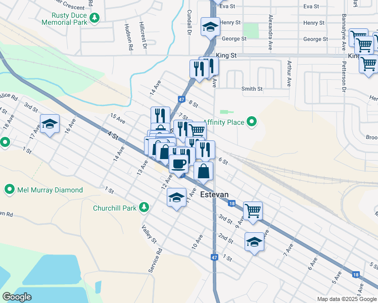 map of restaurants, bars, coffee shops, grocery stores, and more near 509 12 Avenue in Estevan