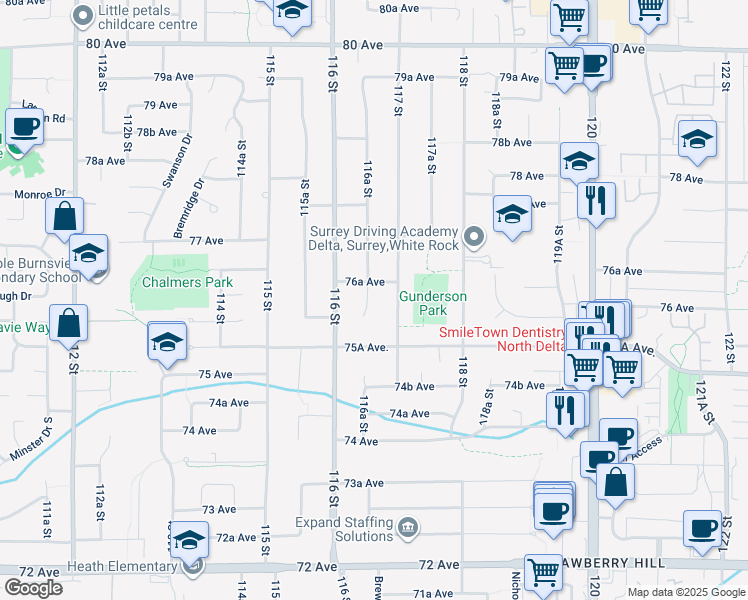 map of restaurants, bars, coffee shops, grocery stores, and more near 7626 116A Street in Delta