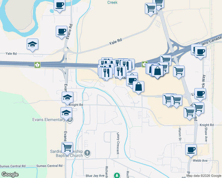 map of restaurants, bars, coffee shops, grocery stores, and more near 7665 Sapphire Drive in Chilliwack