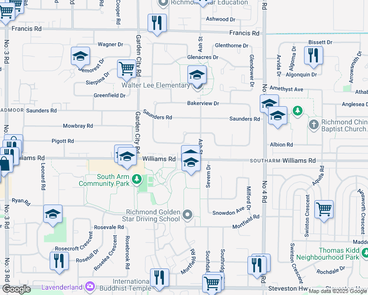 map of restaurants, bars, coffee shops, grocery stores, and more near 9371 Pinewell Crescent in Richmond