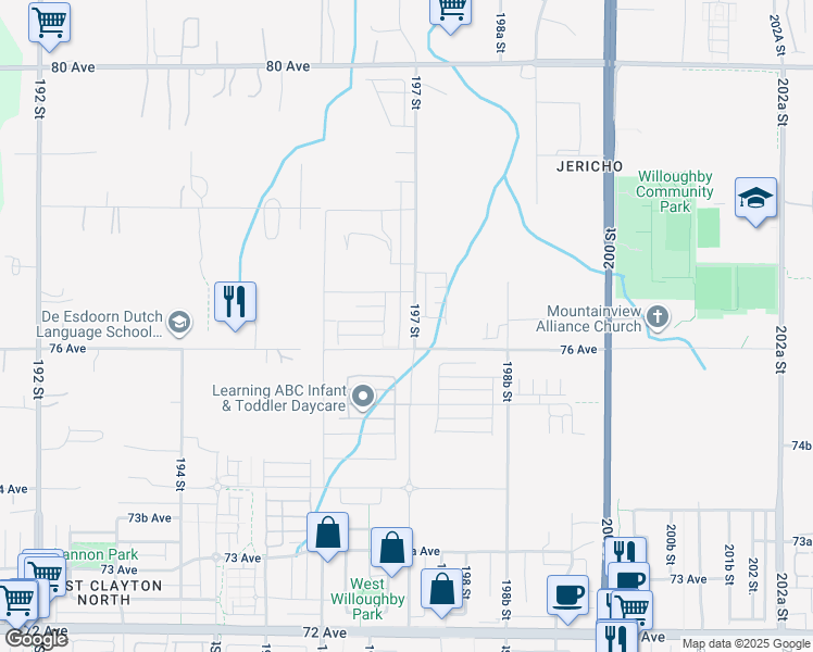 map of restaurants, bars, coffee shops, grocery stores, and more near 7621 197 Street in Langley Township