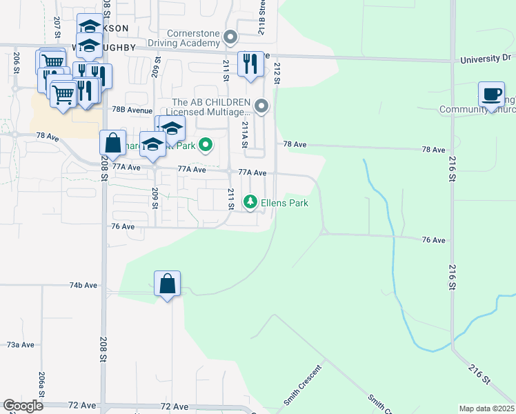 map of restaurants, bars, coffee shops, grocery stores, and more near 21 211A Street in Langley City