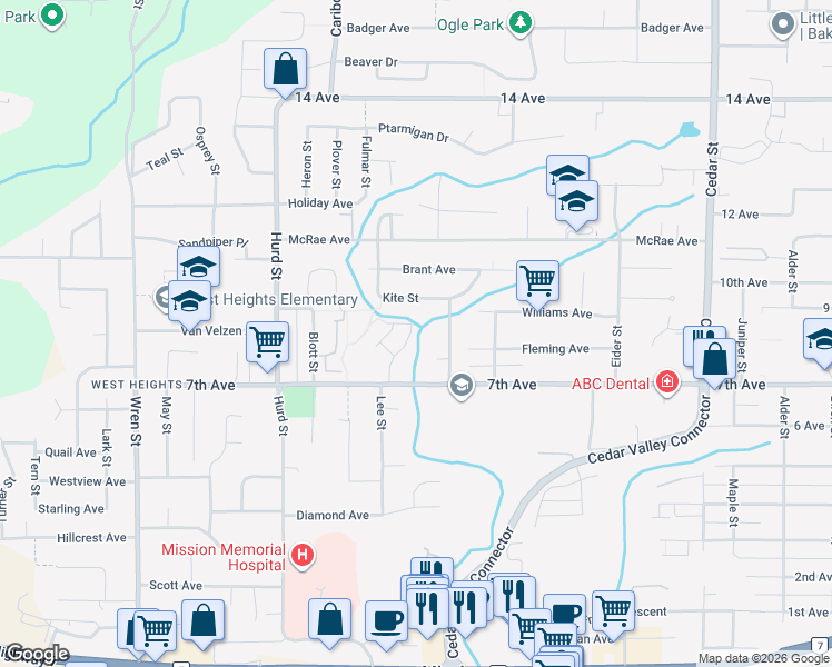 map of restaurants, bars, coffee shops, grocery stores, and more near 32339 7th Avenue in Mission