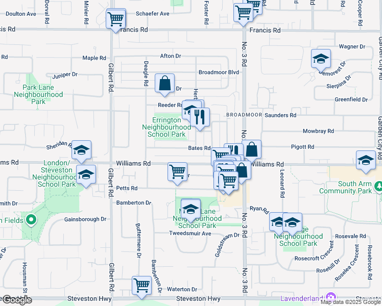 map of restaurants, bars, coffee shops, grocery stores, and more near 7460 Bates Road in Richmond