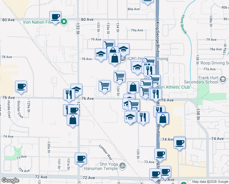 map of restaurants, bars, coffee shops, grocery stores, and more near 134 Street in Surrey