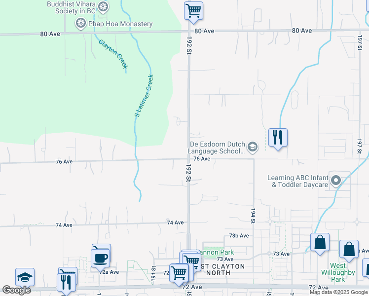 map of restaurants, bars, coffee shops, grocery stores, and more near 7631 192 Street in Surrey