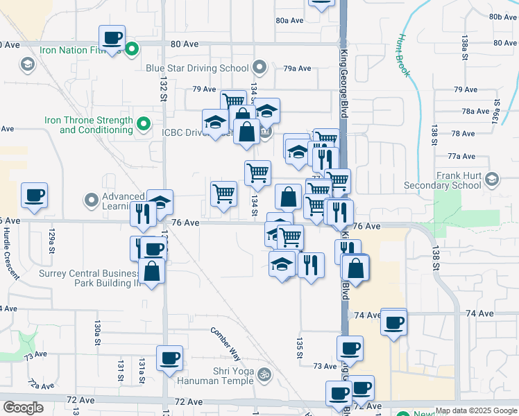 map of restaurants, bars, coffee shops, grocery stores, and more near 13415 76 Avenue in Surrey