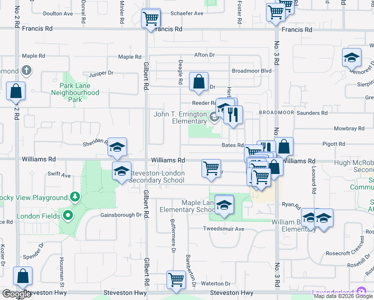 map of restaurants, bars, coffee shops, grocery stores, and more near 7220 Bates Road in Richmond