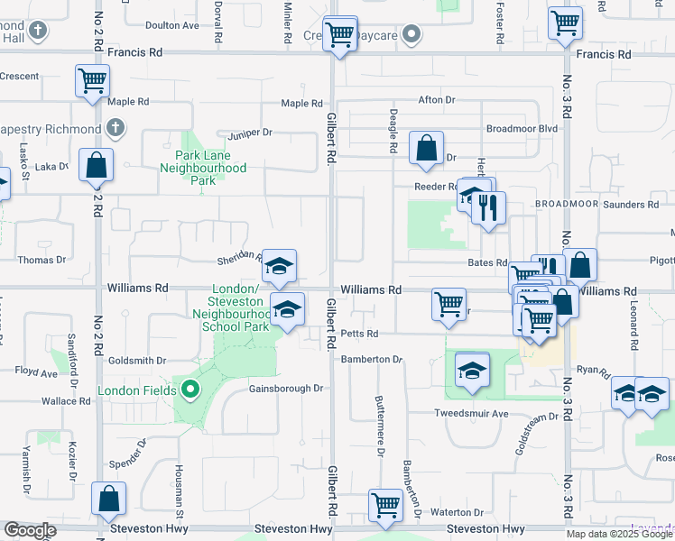 map of restaurants, bars, coffee shops, grocery stores, and more near 7168 Gilhurst Crescent in Richmond