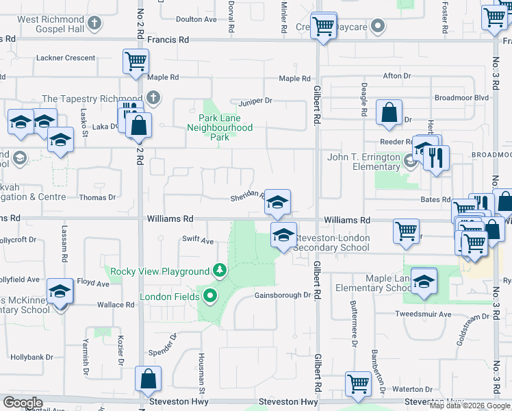 map of restaurants, bars, coffee shops, grocery stores, and more near 6470 Sheridan Road in Richmond