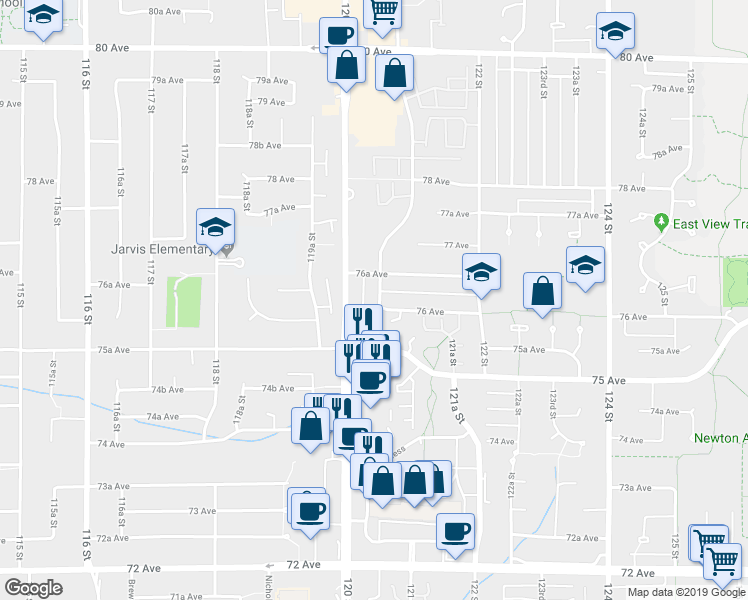 map of restaurants, bars, coffee shops, grocery stores, and more near 7615 120A Street in Surrey