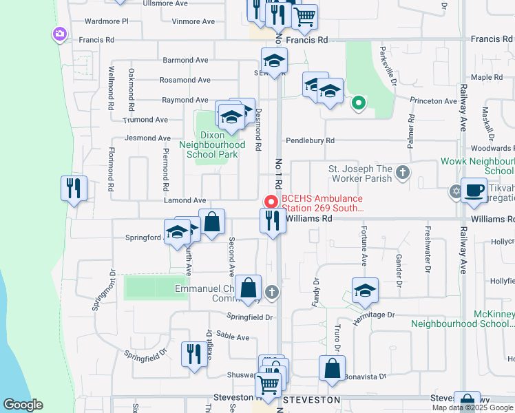 map of restaurants, bars, coffee shops, grocery stores, and more near 3880 Lamond Avenue in Richmond