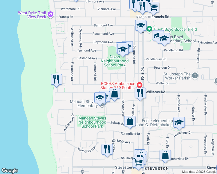 map of restaurants, bars, coffee shops, grocery stores, and more near 3640 Lamond Avenue in Richmond