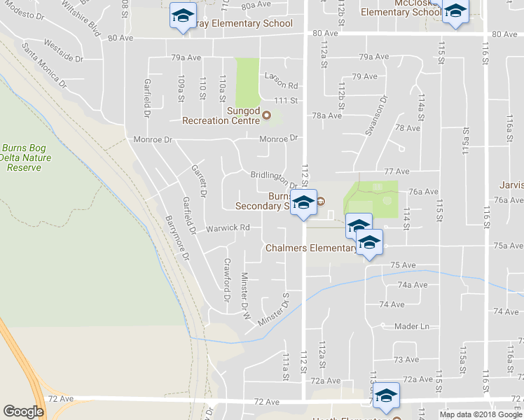map of restaurants, bars, coffee shops, grocery stores, and more near Scarborough Drive in Delta
