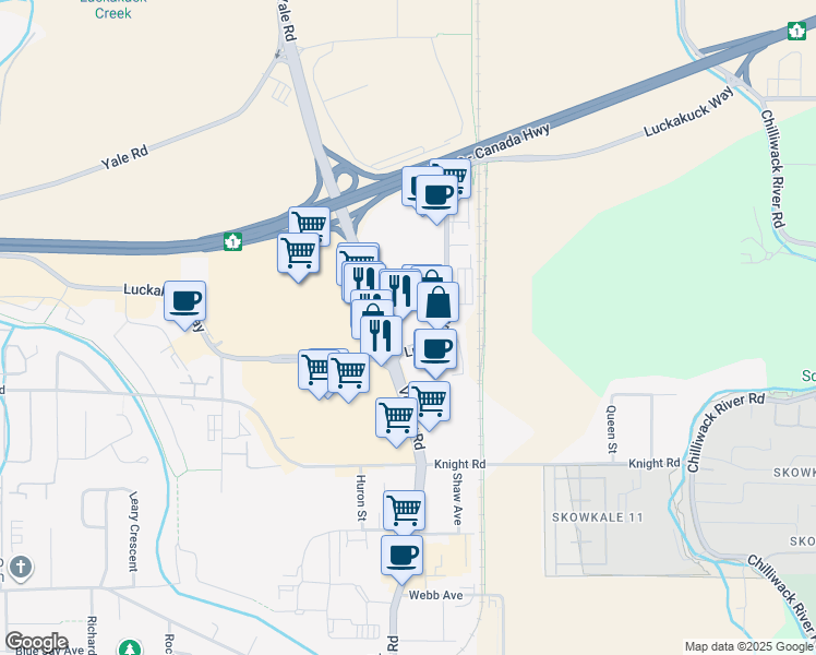 map of restaurants, bars, coffee shops, grocery stores, and more near 7670 Vedder Road in Chilliwack