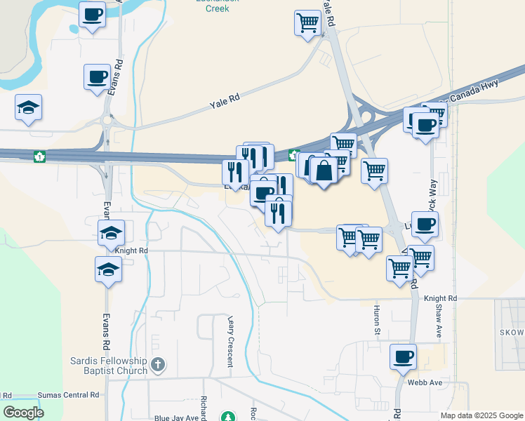 map of restaurants, bars, coffee shops, grocery stores, and more near 45410 Luckakuck Way in Chilliwack