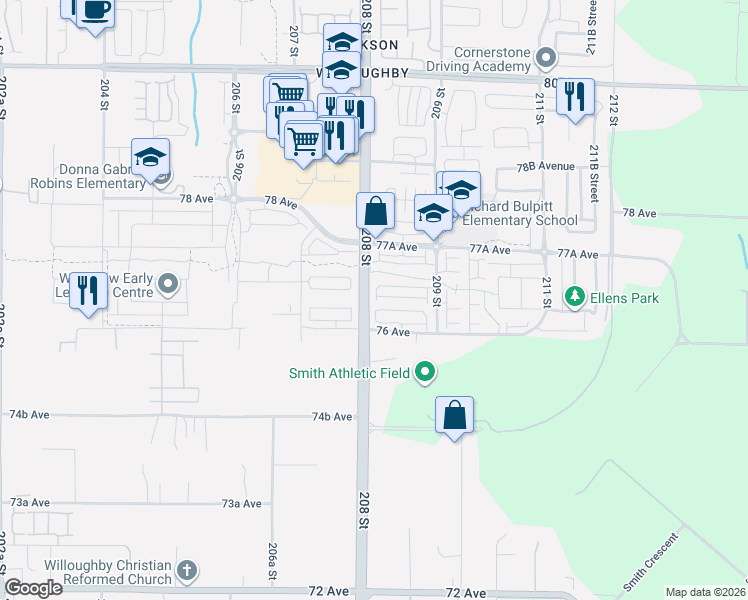 map of restaurants, bars, coffee shops, grocery stores, and more near 7665 209 Street in Langley Township