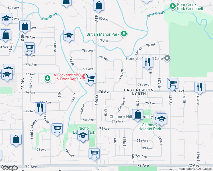 map of restaurants, bars, coffee shops, grocery stores, and more near 7608 144A Street in Surrey