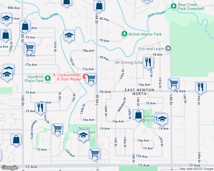 map of restaurants, bars, coffee shops, grocery stores, and more near 7608 144A Street in Surrey