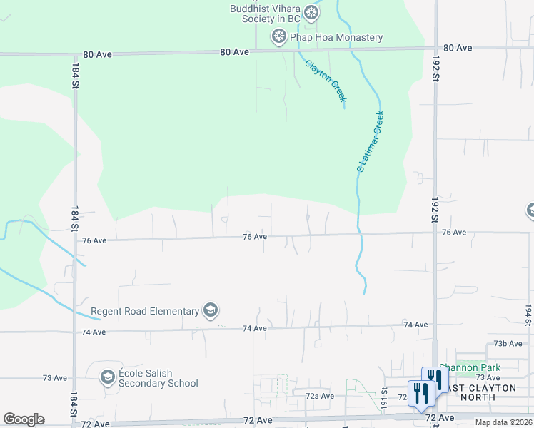 map of restaurants, bars, coffee shops, grocery stores, and more near 18825 76 Avenue in Surrey