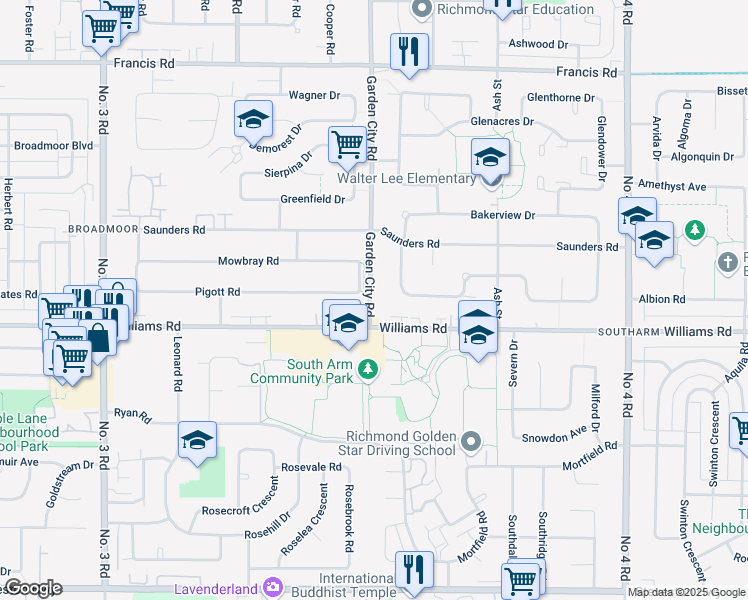 map of restaurants, bars, coffee shops, grocery stores, and more near 9900 Garden City Road in Richmond