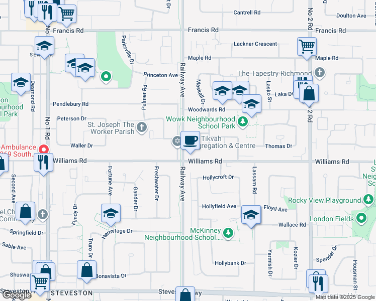 map of restaurants, bars, coffee shops, grocery stores, and more near 9708 Railway Avenue in Richmond