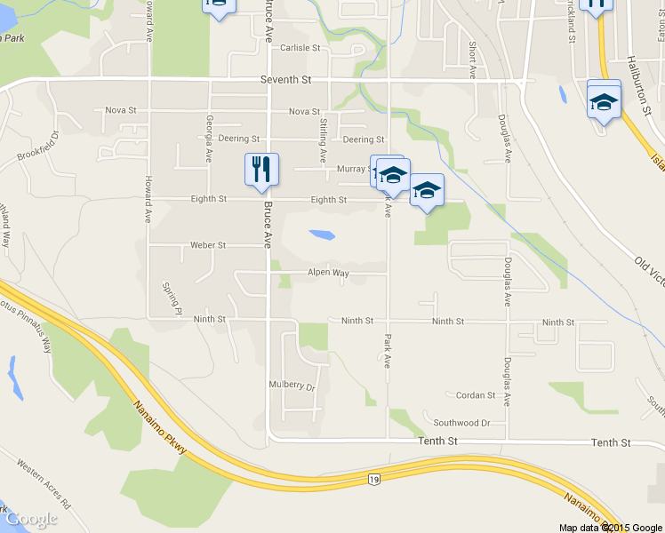 map of restaurants, bars, coffee shops, grocery stores, and more near 954 Allies Place in Nanaimo