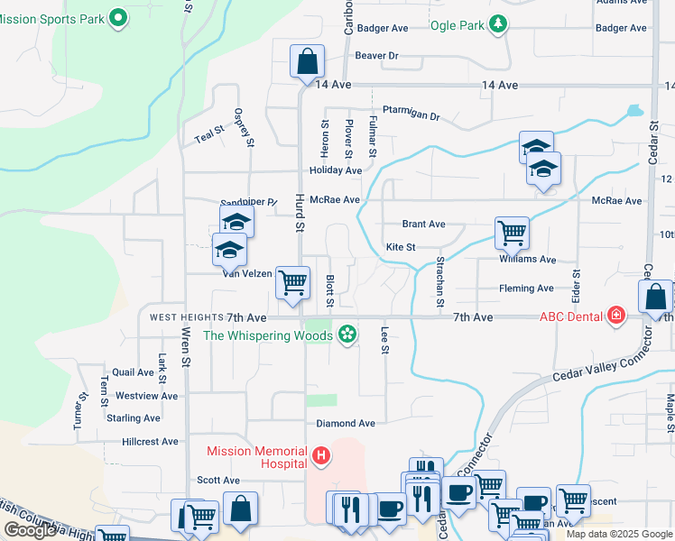 map of restaurants, bars, coffee shops, grocery stores, and more near 7680 Blott Street in Mission
