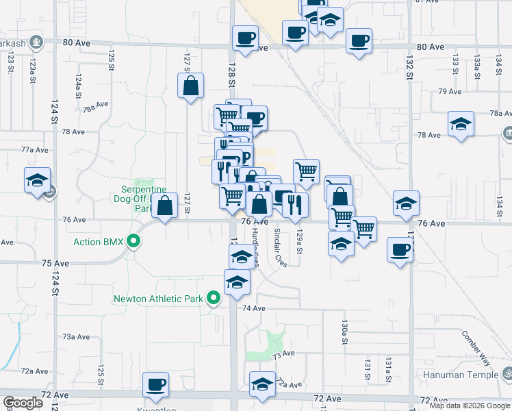 map of restaurants, bars, coffee shops, grocery stores, and more near 12837 76 Avenue in Surrey
