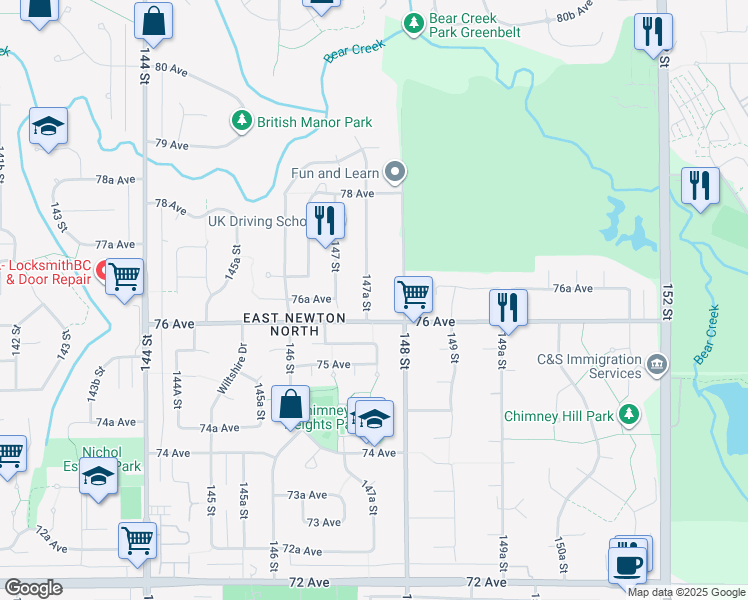 map of restaurants, bars, coffee shops, grocery stores, and more near 7622 147A Street in Surrey