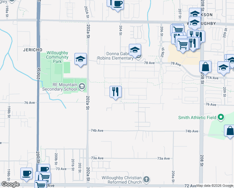 map of restaurants, bars, coffee shops, grocery stores, and more near 7664 204 Street in Langley
