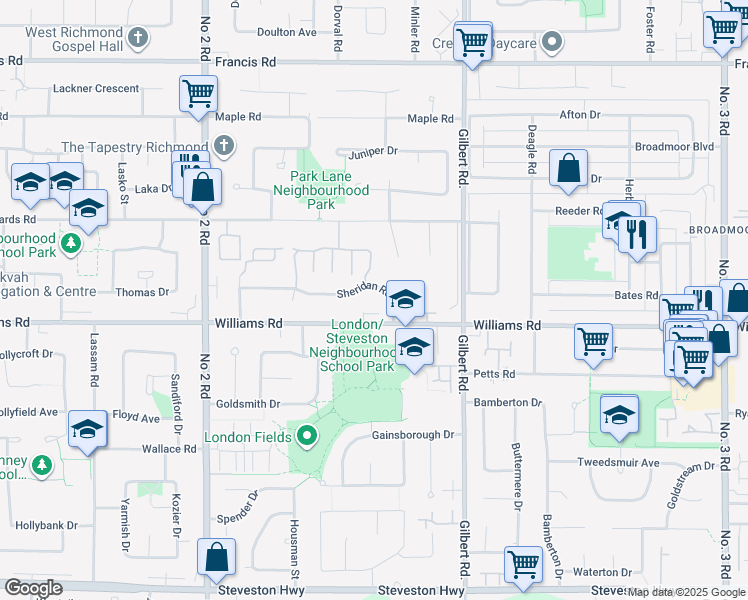 map of restaurants, bars, coffee shops, grocery stores, and more near 6460 Sheridan Road in Richmond