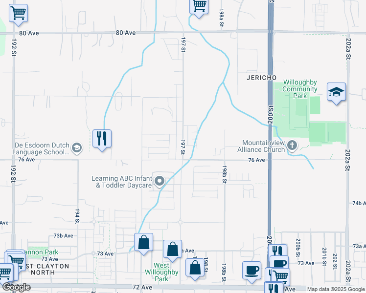 map of restaurants, bars, coffee shops, grocery stores, and more near 7637 197 Street in Langley Township
